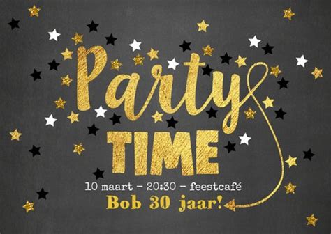 Uitnodiging Party Time Goud Sterren Krijtbord Kaartje2go