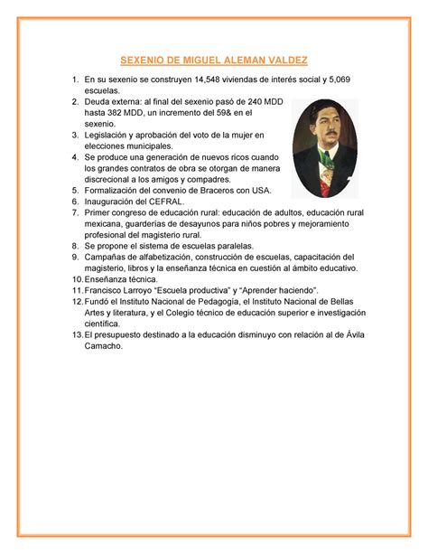 Características sobre los Sexenios Presidenciales Miguel Alemán