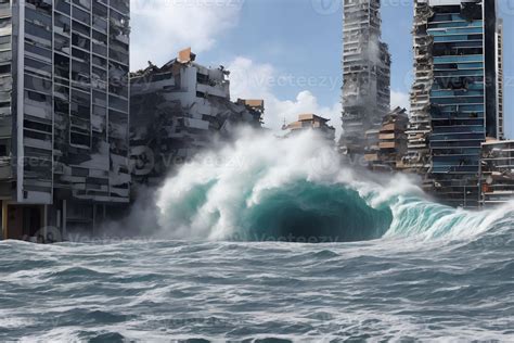 Tsunami Wave Flood Destroy City Building Generative Art By A I