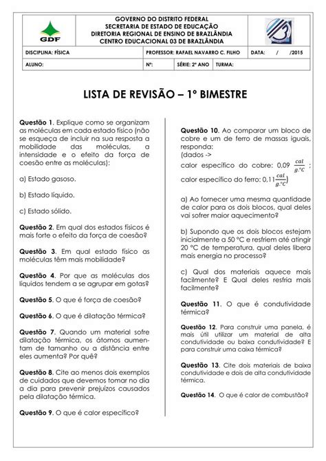 PDF LISTA DE REVISÃO 1º BIMESTRE ALUNO Nº SÉRIE 2º ANO TURMA