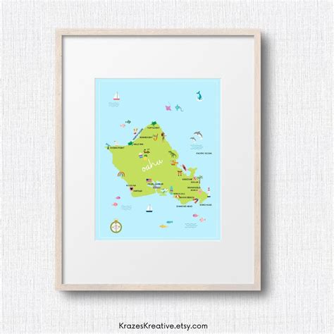 Oahu Hawaii Printable Map Illustrated Wall Art Print Nursery Decor
