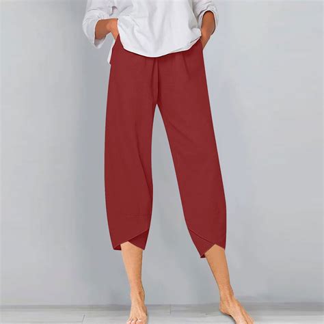 Linen Pants Women Summer Bohemian Beach Plus Size Pockest Elastic Waist