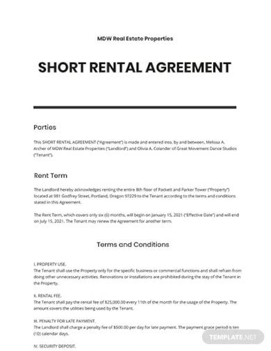 Short Rental Agreement 10 Examples Format Pdf