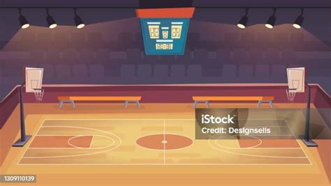 Halaman Arahan Lapangan Basket Dengan Gaya Kartun Datar Stadion Indoor Modern Dengan Lantai Kayu