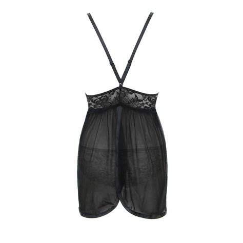 Charming Black Triangle Bust Spaghetti Strap Floral Lace Babydoll Nightwear Lingerie N15406