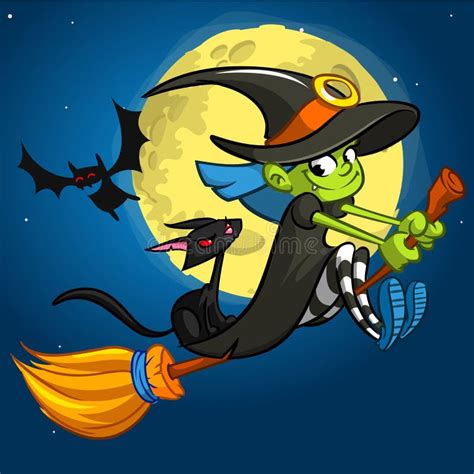 Halloween Illustration With Cute Witch Flying On Her Broom Stock Vector