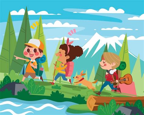 Premium Vector Kids Go Hiking And Adventures In The Summer Camp Woods