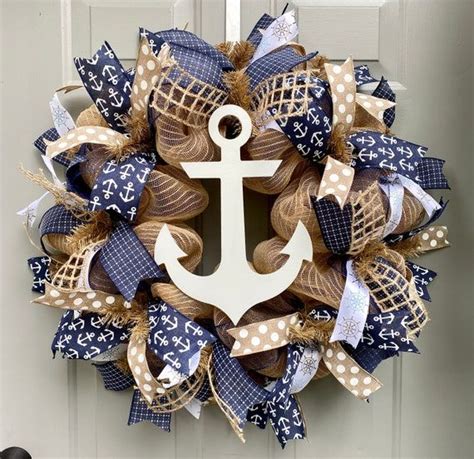 Anchor Nautical Burlap Deco Mesh Wreath With Navy Beach Etsy Deco