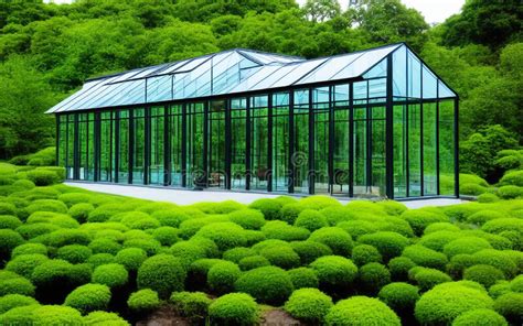 A 3d Architectural Concept Rendering Of A Glass House In A Lush Green Yard Stock Illustration