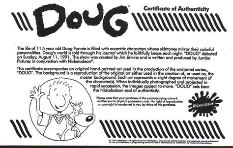 Doug Funnie Original Production Cel Cell Animation Art Coa Nickelodeon