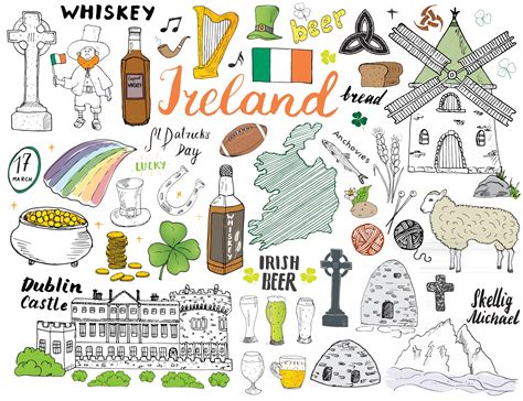 Ireland Sketch Doodles Hand Drawn Irish Elements Set With Flag And Map