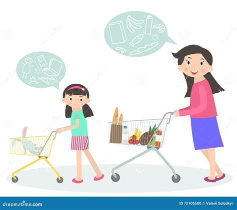 Familia Que Hace Compras Junto Mamá E Hija Con La Carretilla Del Supermercado Ilustración Del