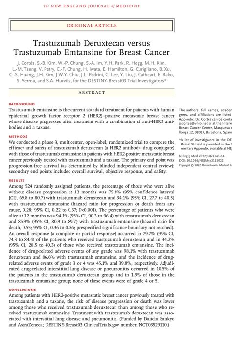 Pdf Trastuzumab Deruxtecan Versus Trastuzumab Emtansine For Breast Cancer