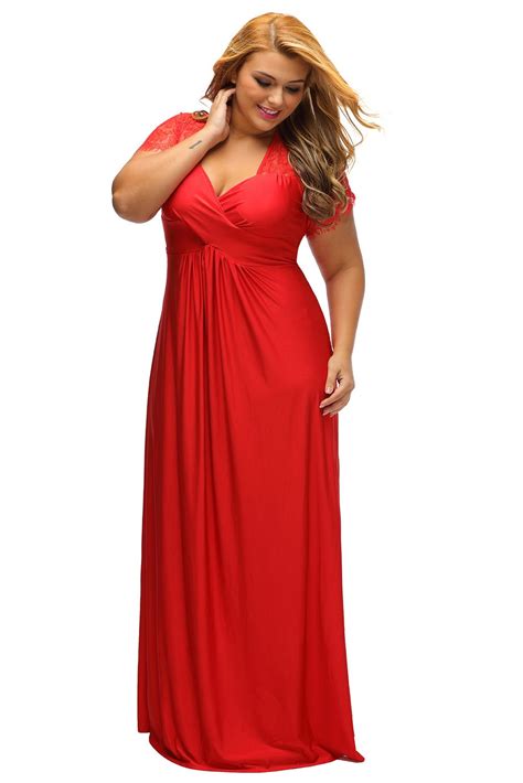 Lalagen Womens Lace Sleeve V Neck Plus Size Evening Maxi Dress Gown Red Xl