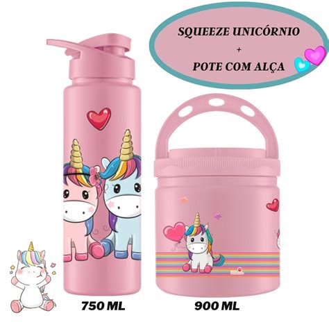 Kit Volta as Aulas Squeeze Garrafa Agua Unicornio Mais Pote Alça