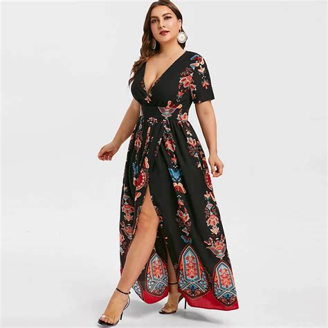 Rosegal Plus Size Printed Maxi Split Dress Bohemian Beach Party Maxi Dress Vintage Elegant High