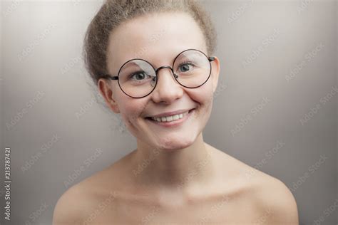 Pleasant Nude Woman Wearing Round Glasses Isolated Grey Background