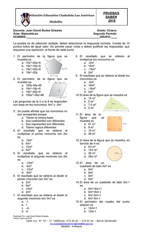 Pruebas Saber De Matemc 3a1ticas Grado Octavo Segundo Periodo De 2016