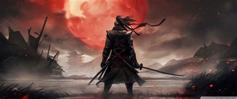 samurai red full moon artwork  uhd wallpaper  ultrahd desktop