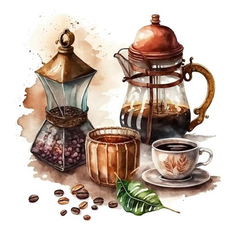 Premium Vector Set Of Watercolor Painting Craft Package With Coffee Beans Coffee Grinder