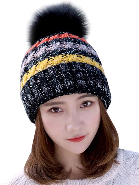 Womens Cable Knitted Bobble Winter Warm Slouchy Pom Pom Ski Beanie Hat