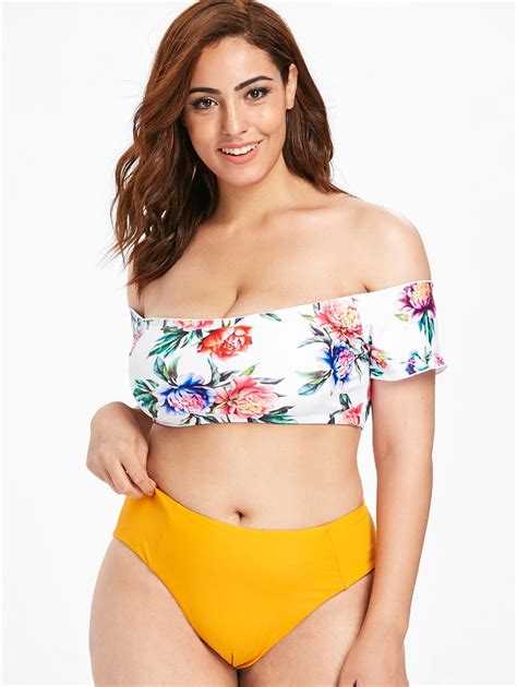 [38 Off] Plus Size Floral High Waisted Bikini Set Rosegal