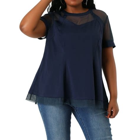 Agnes Orinda Womens Plus Size See Through Round Neck Short Sleeve