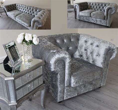 Grey Silver Crushed Velvet Fabric Chesterfield Sofas 1 2 3 Seater Sofa