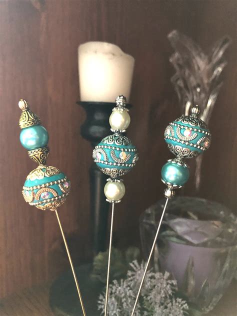 Victorian Style Six Inch Hat Pins Turquoise Glass Pearls Silver And