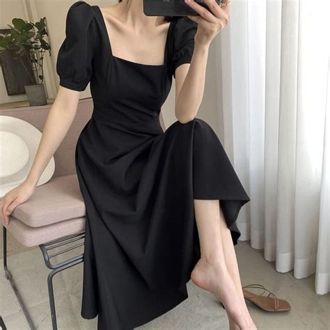 Elbelier Puff Sleeve Square Neck Plain Midi A Line Dress Yesstyle