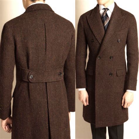 Brown Herringbone Long Jacket Double Breasted With Back Belt Men Formal Overcoat Ebay