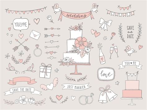 Set Of Wedding Illustrations And Icons Hand Drawn Vector Collection Of Design Elements For For