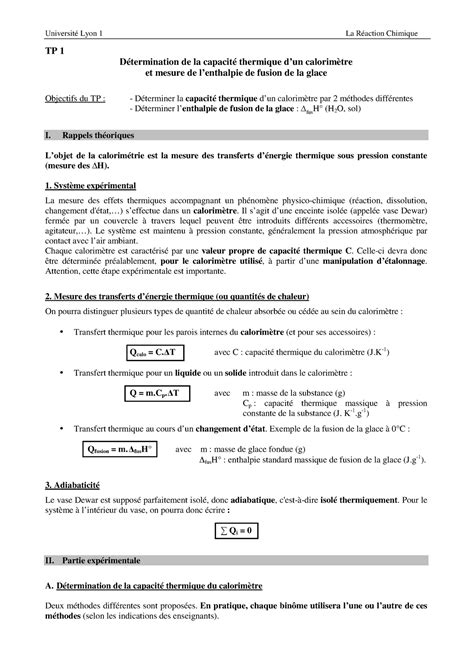 Enoncé TP n1 Bio TP 1 Détermination de la capacité thermique dun