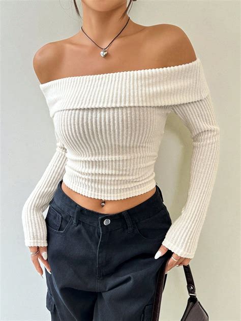 Womens Off Shoulder Long Sleeve Cropped T Shirt In 2024 Clothes