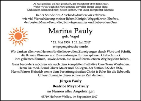 Traueranzeigen Von Marina Pauly Vrm Trauer De