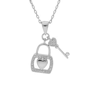 Collier en argent rhodié chaîne avec pendentif cadenas coeur et clef