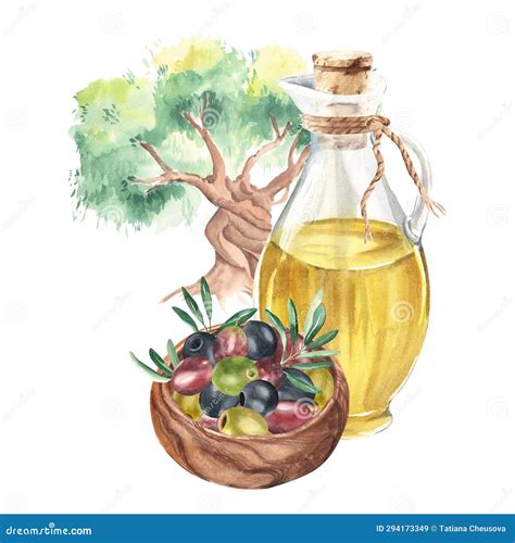 Composition Of Glass Jug With Olive Oil Olives And Olive Branches In