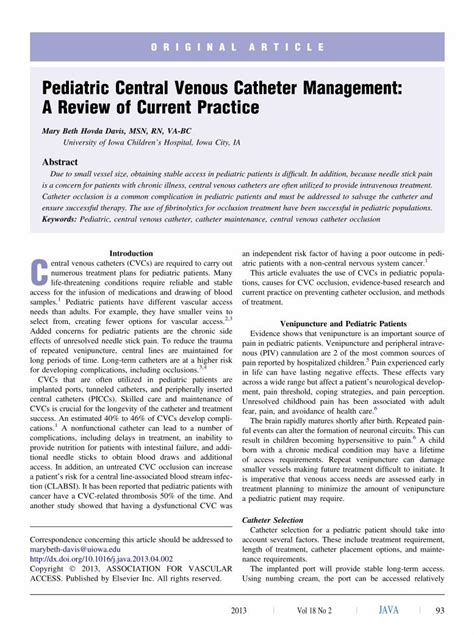 PDF Pediatric Central Venous Catheter Management A Review Of Current