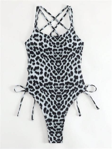 Shein Swim Sxy Leopard Print Criss Cross Backless Drawstring Side One