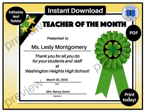 Teacher Of The Month Certificate Template