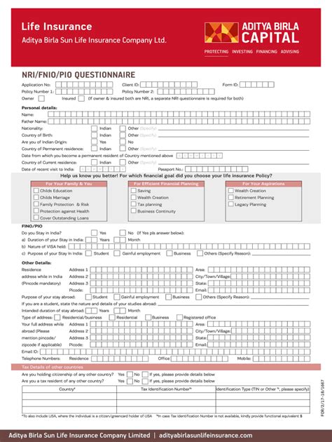 Fillable Online Aditya Birla Sun Life Insurance Company Ltd Fax Email