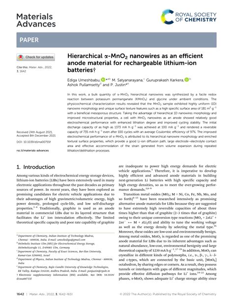 PDF Hierarchical α MnO2 Nanowires as an Efficient Anode Material for