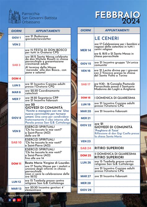 Calendari Di Febbraio E Quaresima 2024 Parrocchia San Giovanni Battista