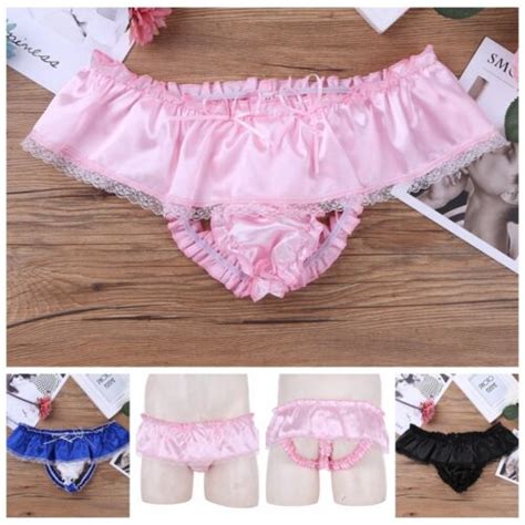 Mens Sexy Ruffled Shiny Satin Lace Briefs Skirted Panties Sissy Maid