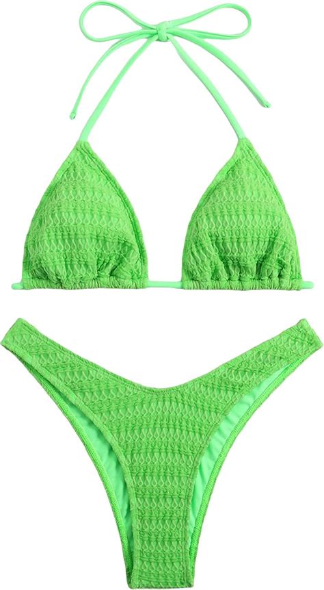 Gorglitter Womens 2 Piece High Cut Thong Bikini Set Textured Triangle Swimsuit Tie