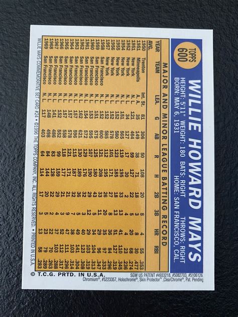 1996 Topps Willie Mays Commemorative Set 600 SF Giants EBay