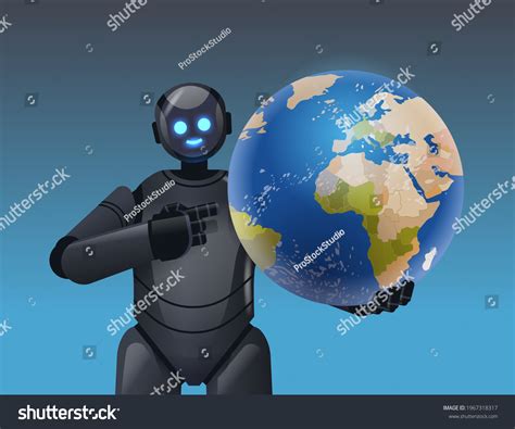 Robot Cyborg Holding Planet Earth Globe Stock Vector Royalty Free