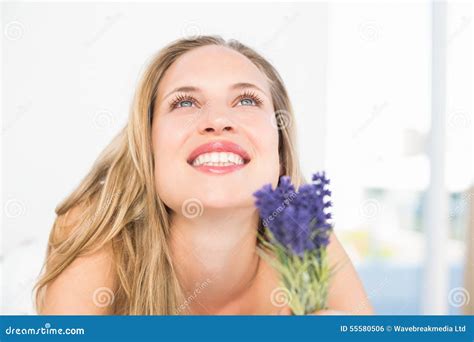 Beautiful Blonde Lying On Massage Table With Mortar And Pestle Stock Photo Image Of Calm