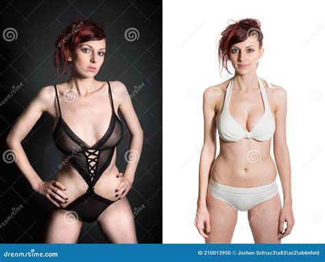 Deux Portraits D Une Belle Jeune Femme En Lingerie Noire Et Bikin Blanc Photo Stock Image Du