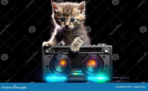 Cute Cat Kitten Listening To Music And Dancing With A Music Player Full